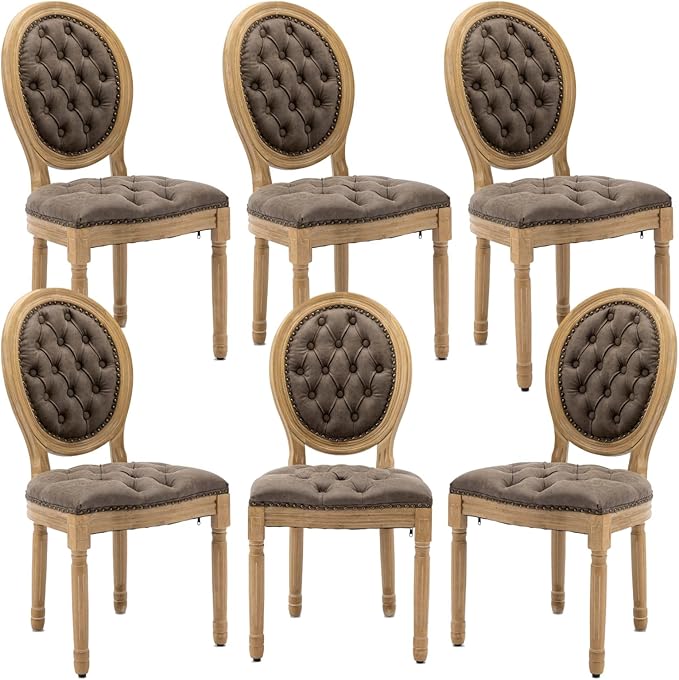 French Country Dining Chairs Set of 6, Vintage Wooden Dining Chairs with PU Leather Upholstered Tufted Seat,Solid Wood Legs&Frame, Farmhouse Kitchen&Living Room Chairs(Brown,6 Pcs)