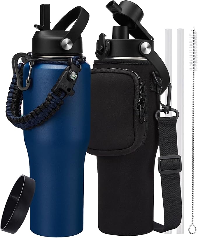32 oz Stainless Steel Water Bottle with Straw - Spout Lid, Carrier Bag, Keep Cold-48H & Hot-24H Vacuum Insulated Flask Water Bottles Fits in Car Cup Holder, Bike, Coffee Travel Mug