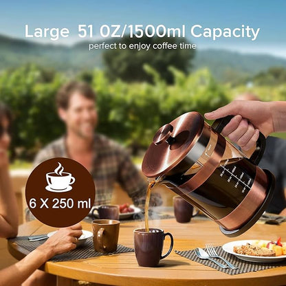QUQIYSO French Press Coffee Maker 51oz 304 Stainless Steel French Press with 4 Filter, Heat Resistant Durable, Easy to Clean, Borosilicate Glass Coffee Press, Copper