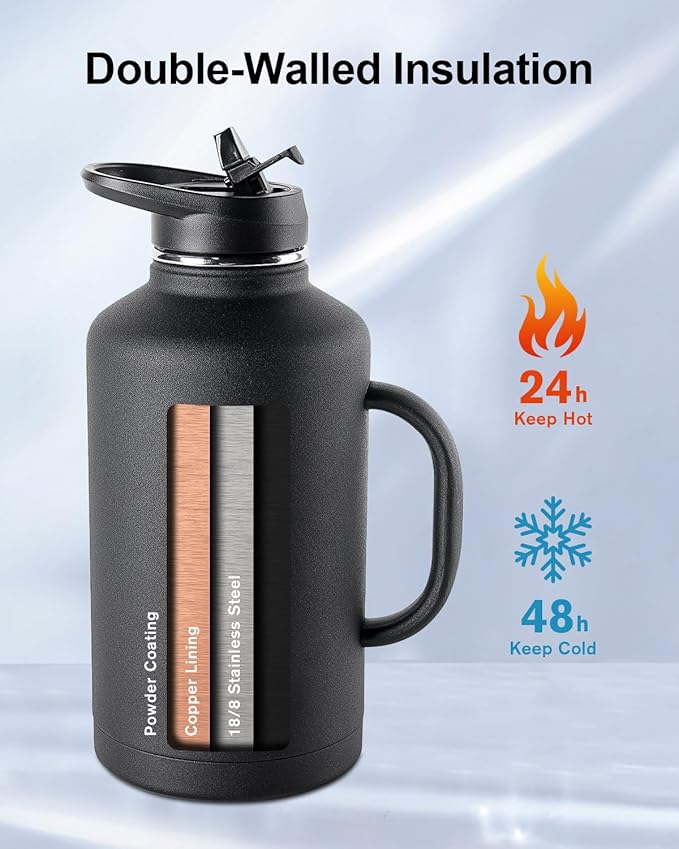 Trebo 64 oz Water Bottle Insulated with Handle, Half Gallon Stainless Steel Metal Large Water Jug, Travel Flask with Straw Spout Lid, Wide Mouth Mug with Carry Pouch, Keep Cold Hot, Black