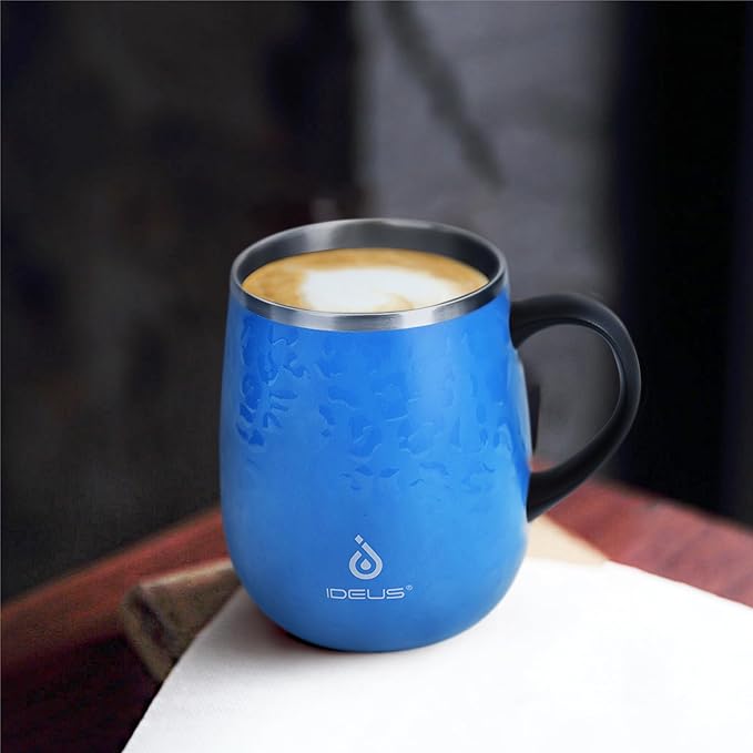 Ideus 16 oz (470 ml) Insulated Coffee Mug with Handle and Lid, Double Wall Stainless Steel Vacuum Thermal Coffee Mug, Travel Coffee Cup Thermal Cup for Home and Office (Leopard Blue)