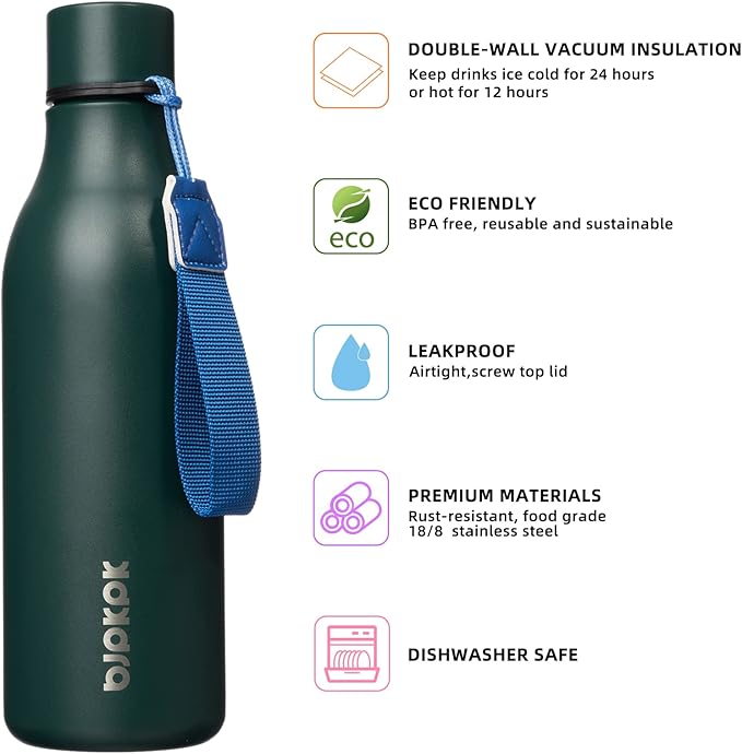 BJPKPK Insulated Water Bottles, 18 oz Stainless Steel Metal Water Bottle with Strap, BPA Free Leak Proof Jugs, Mugs, Flasks, Reusable Thermal Flasks for Sports & Travel, Army Green
