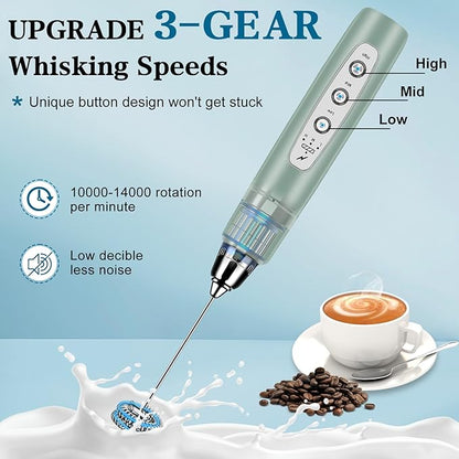 Milk Frother Handheld for Coffee, Electric Whisk 3 Speed Adjustable, Drink Mixer with Stainless 3 Whisks, Rechargeable Hand Frother Wand, Foam Maker for Latte Cappuccino Hot Chocolate Egg Green