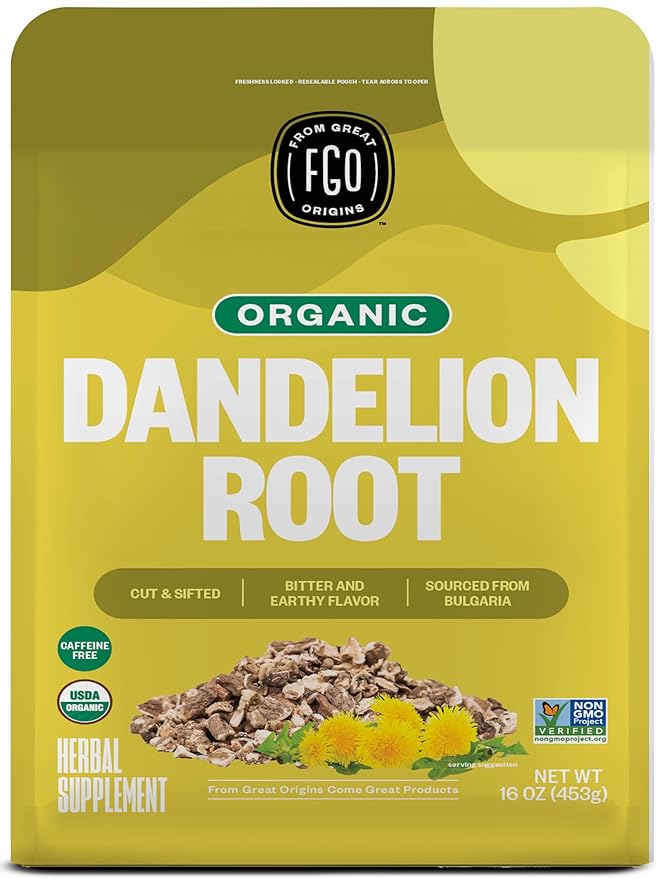 FGO Organic Dandelion Root Loose Tea, Cut and Sifted, Caffeine Free, 16oz Bulk Resealable Bag, Packaging May Vary (Pack of 1)