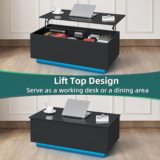 LED Coffee Table with Lift Top Morden Coffee Table with Storage High Gloss Black Sofa Table for Living Room Center Tables Hidden Compartment & 2 Drawers