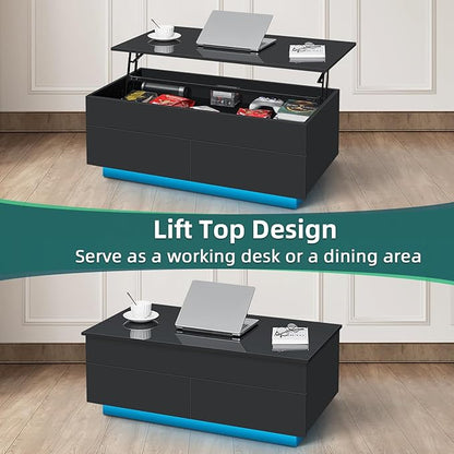 HOMMPA 40'' Lift Top Coffee Table, Black Coffee Tables with Storage for Living Room, LED Modern Coffee Table, Flip Top Center Table with 2 Drawers & Hidden Compartment, Lift Up Wooden Coffee Table