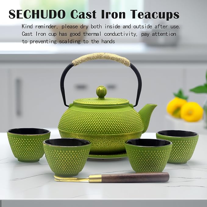 Japanese Cast Iron Tea Cups, Small and Heavy Teacups with no Handles, Japanese Style Cup for Adults, Asian Teacups, Coated with Enameled Interior, 4 Pcs/Box (Green, 2oz/60ml)