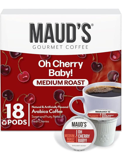 Maud's Cherry Flavored Coffee Pods, 18 ct, Medium Roast Flavored Coffee in Recyclable Single Serve Pods – 100% Arabica Beans, Compatible with Keurig K Cups Maker