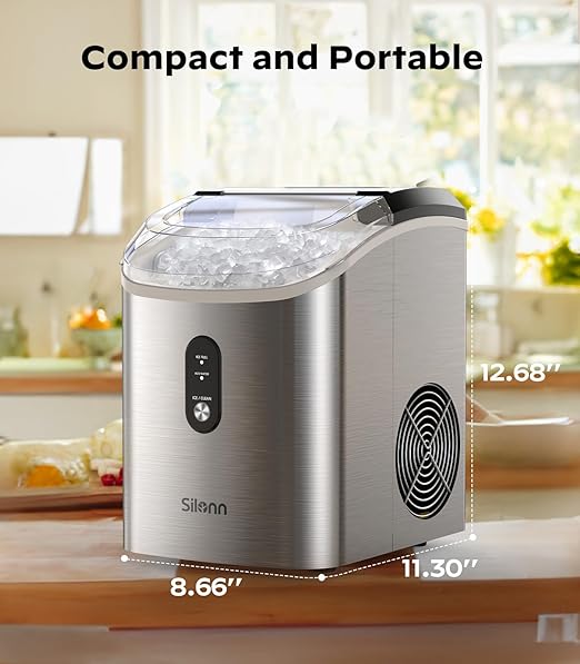 Nugget Ice Maker Countertop, Silonn Chewable Pellet Ice Machine with Self-Cleanin Function, 33lbs/24H Portable Ice Makers for Home Kitchen Officce, Stainless Steel