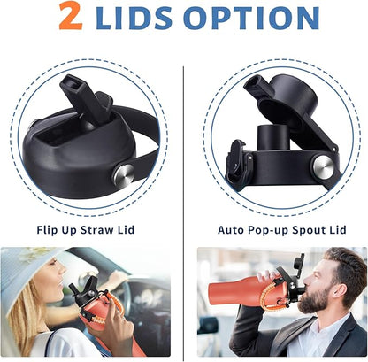 Insulated Water Bottle 40 oz with Straw - Water Bottle with Straw Lid, Pop-up Lid & Carrier Bag, Metal Coffee Cup Travel Mugs Insulated for Hot 24h and Cold 48h