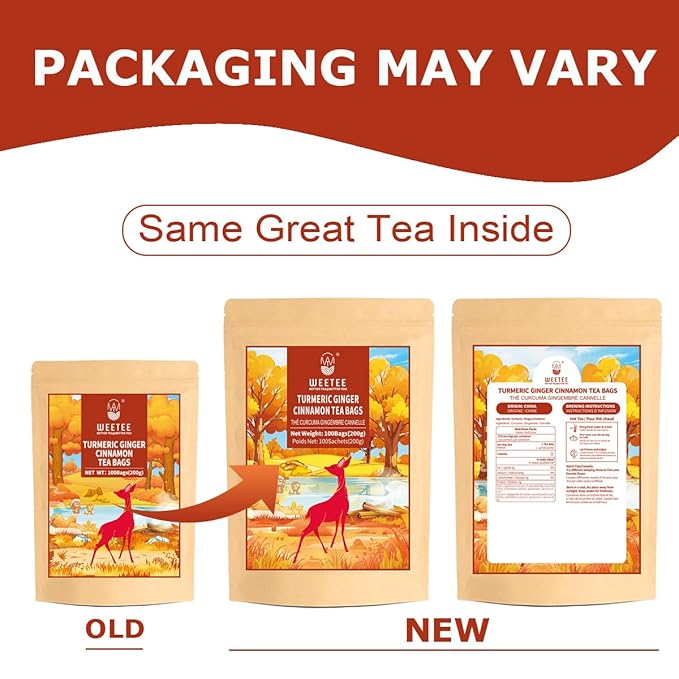 WT WEETEE Turmeric Ginger Cinnamon Tea Bags, Warm & Spicy Turmeric Ginger Herbal Blend Tea, Rich in Antioxidant, Natural Ingredients, Caffeine-free