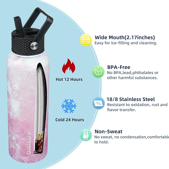 BJPKPK 2 Pack Insulated Water Bottles with Straw Lids, 40oz Stainless Steel Metal Water Bottle with 6 Lids, Leak Proof BPA Free Jugs, Cups, Flasks for Travel, Sports (Blossom+Ocean)