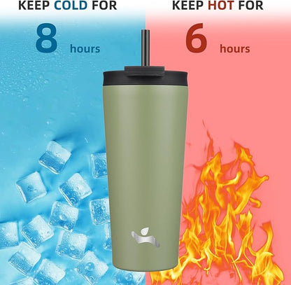 22 OZ Insulated Tumbler with Lid and 2 Straws Stainless Steel Water Bottle Vacuum Travel Mug Coffee Cup,ArmyGreen