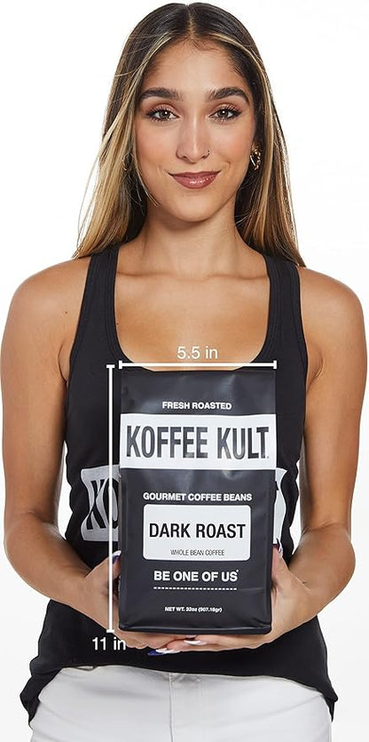 Koffee Kult Dark Roast Whole Bean Coffee - Small Batch 100% Arabica Gourmet Blend, Smooth and Well Balanced Artisan Roasted in 32oz Resealable Package