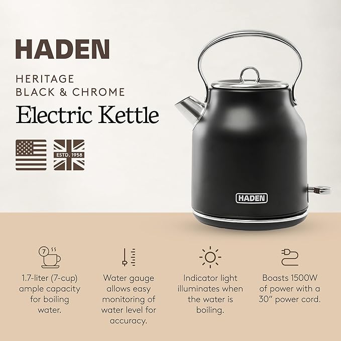 HADEN Heritage 1.7 Liter Stainless Steel Electric Kettle, Hot Water Kettle with 360-Degree Base and Auto Shutoff, Black & Chrome