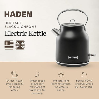 HADEN Heritage 1.7 Liter Stainless Steel Electric Kettle, Hot Water Kettle with 360-Degree Base and Auto Shutoff, Black & Chrome