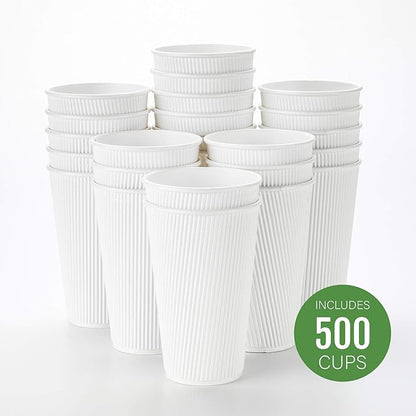 Restaurantware 16 Ounce Ripple Wall Disposable Coffee Cups, 500 Insulated White Paper Tumblers with Rolled Rim Design, Lids Sold Separately for Hot Drinks like Tea, Hot Chocolate and More
