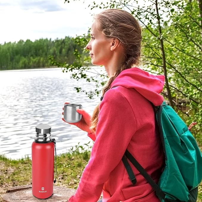 Insulated vacuum Thermo Bottle 1000ml/33.8oz with cup Stainless steel coffee bottles for hot and cold drink water flask.(Red,1000ml)