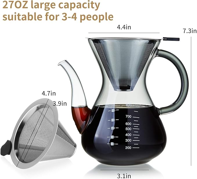 Unbreakable - Pour Over Coffee Maker with Double Stainless Filter 34 fl oz, Thickened Heat-Resistant Borosilicate Glass Pour Over Coffee Dripper, Stovetop Safe