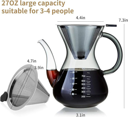 Unbreakable - Pour Over Coffee Maker with Double Stainless Filter 34 fl oz, Thickened Heat-Resistant Borosilicate Glass Pour Over Coffee Dripper, Stovetop Safe