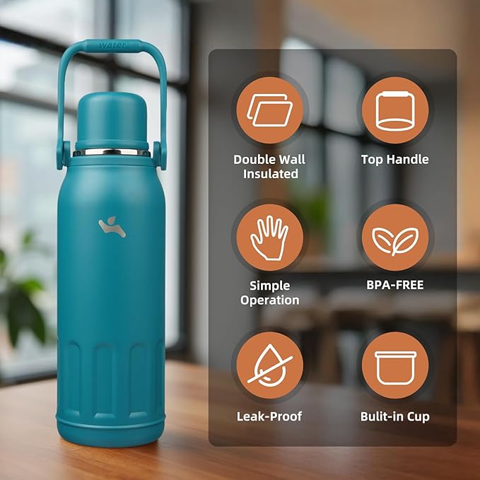 Insulated Water Bottle with Handle and Strap,Vacuum Travel Tumbler with Cup Lid,Thermo Coffee Cup for Hot Cold Drinks 50 OZ,Lake Blue