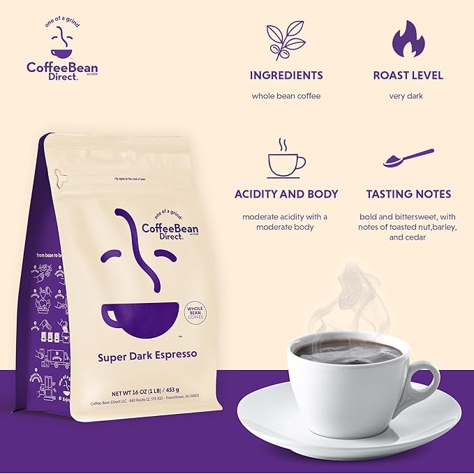 Coffee Bean Direct Super Dark Espresso, Whole Bean Coffee, Very Dark Roast, 1 Pound Bag (Pack of 1)