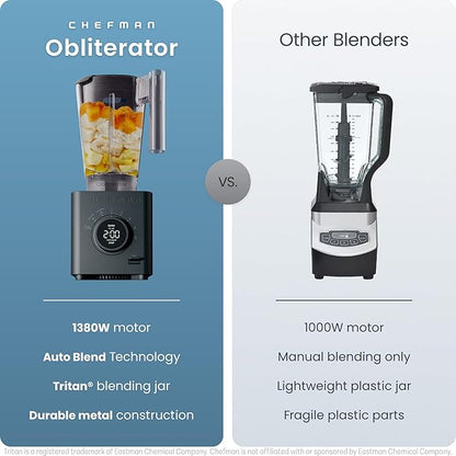 Chefman Obliterator 48 oz Countertop Blender for Smoothies, 1380W Motor to Crush Ice, Nuts, and Frozen Fruit with Stainless Steel Blade, Auto Blend Function, Includes 20 oz Travel Jar