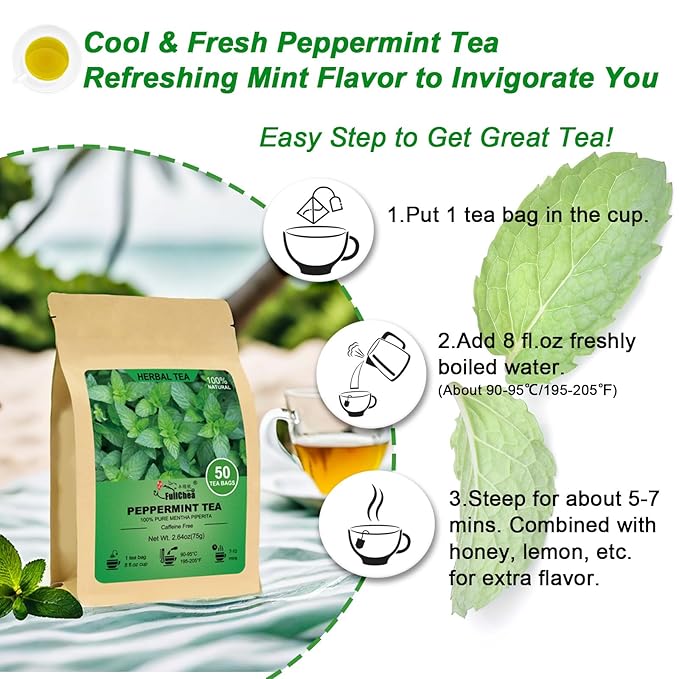 FullChea - Peppermint Tea Bags, 50 Teabags - Premium Peppermint Leaves - Refreshing & Minty - Non-GMO - Caffeine-free - Freshen Breath & Aid Digestion