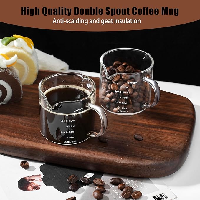 Espresso Cups Set of 2, 75ML Espresso Shot Glass with Handle Double Spout Cups Clear Glass Measuring Cup Coffee Accessories Great for Making Coffee Desserts Salad Dressing
