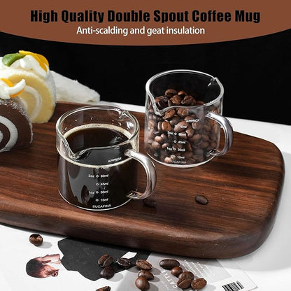 Espresso Cups Set of 2, 75ML Espresso Shot Glass with Handle Double Spout Cups Clear Glass Measuring Cup Coffee Accessories Great for Making Coffee Desserts Salad Dressing