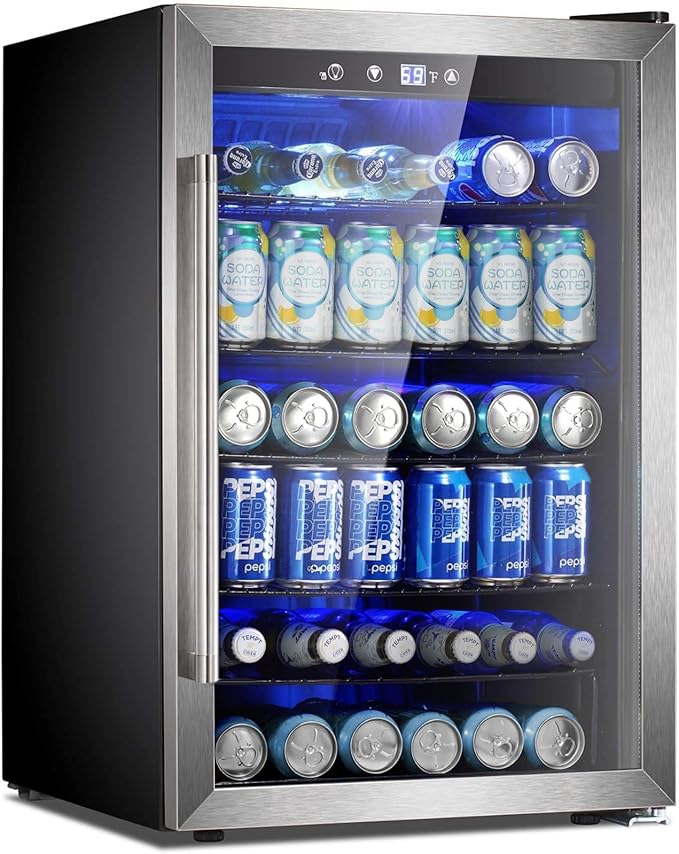 Kismile 4.5 Cu.ft Beverage Refrigerator and Cooler, 145 Can Mini Fridge Glass Door,Digital Temperature Display for Soda, Beer or Wine, Small Drink Dispenser Cooler for Home, Office or Bar(Silver)
