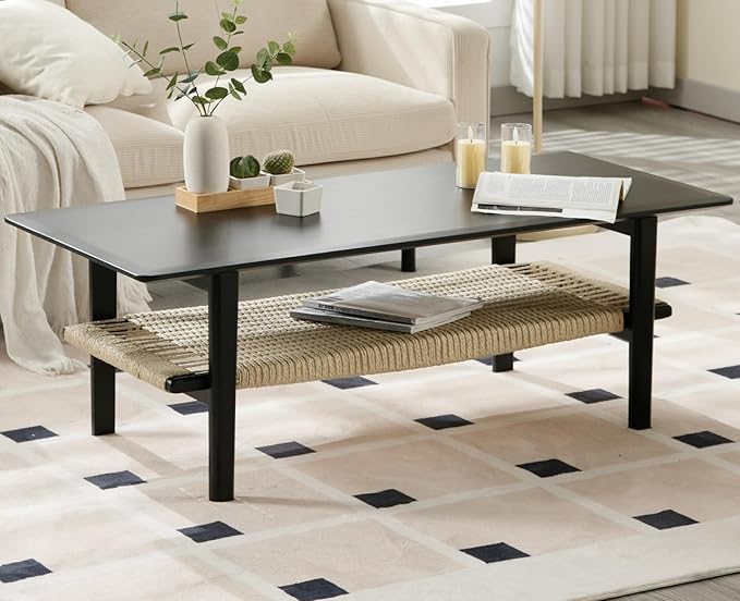 chairus Farmhouse Coffee Table Rectangular Living Room Table with Rattan Storage Solid Wood Center Table for Apartment, Home, Office, Black