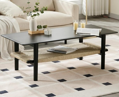 chairus Farmhouse Coffee Table Rectangular Living Room Table with Rattan Storage Solid Wood Center Table for Apartment, Home, Office, Black