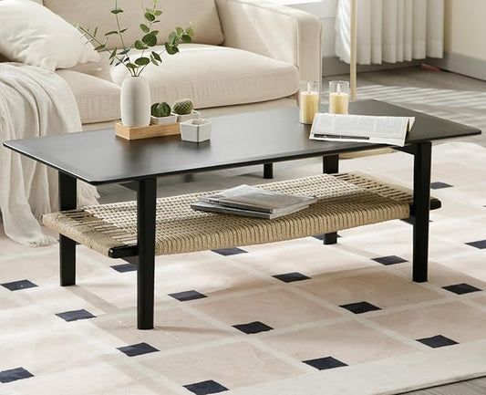 chairus Farmhouse Coffee Table Rectangular Living Room Table with Rattan Storage Solid Wood Center Table for Apartment, Home, Office, Black