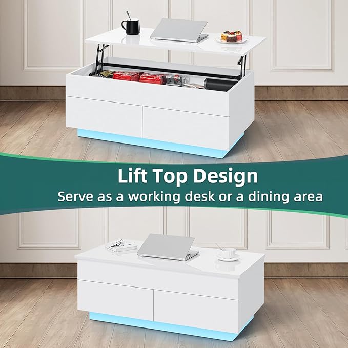 HOMMPA 40'' Lift Top Coffee Table, White With Storage for Living Room, LED Modern Design, 2 Drawers & Hidden Compartment