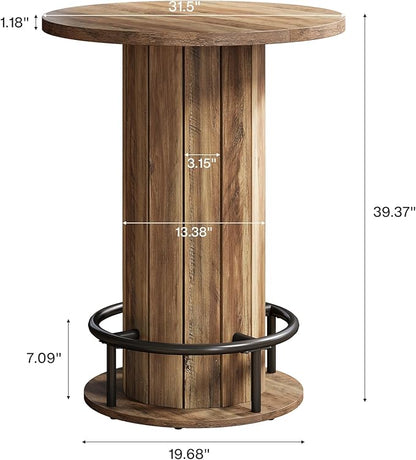Tribesigns Round Bar Table, 39.4" H Wood Bistro Pub Table with Metal Ring Footrest for Dining Coffee Cocktail Living Room, Small Space, Brown(Only Table)