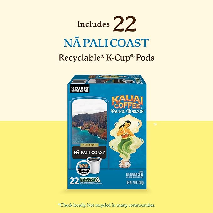 Kauai Coffee K-Cup Pods for Keurig Brewers – Arabica Coffee, 10% Hawaiian – Dark Roast, Nutty with Sweet Chocolate Overtones – Na Pali Coast, 1 Pack of 22 Single Serve K-Cups