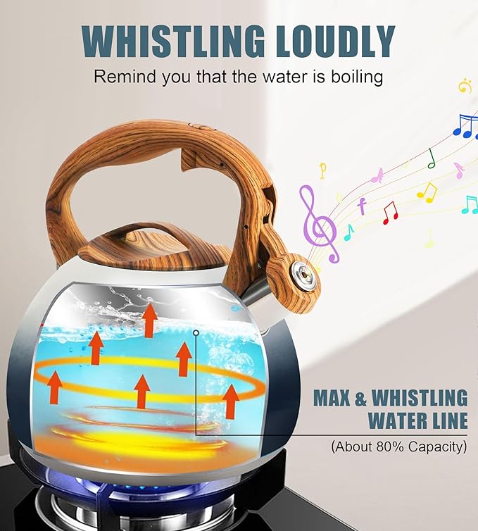 tea kettle stovetop, Loud Whistling kettle for Boiling Water Coffee or Milk, 3.2 Quart Heavy stainless steel tea kettle with Wood Pattern Handle, Gas Electric Applicable - Black & white