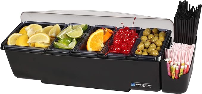 San Jamar Dome Garnish Center 5 Tray with Dome Lid for Kitchen, Bar, And Restaurants, Plastic, 8 Pints, Black