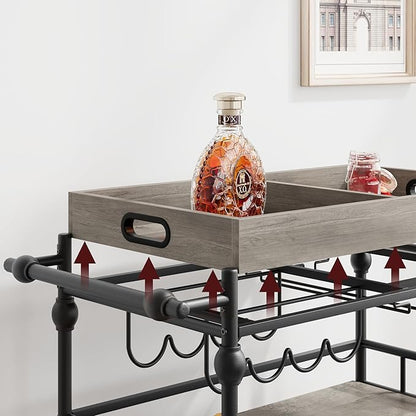 GarveeHome Bar Cart, Bar Carts for The Home, 3 Tier Serving Cart with Wheels, Home Bar & Serving Carts, Metal Rolling Cart with Wine Rack & Removable Tray for Kitchen, Dining Room, Living Room-Grey