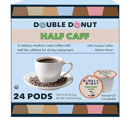 Double Donut Coffee Half Caff Coffee Pods, Single Serve Half Caffeine Coffee Pods For Keurig K Cup Brewers, Medium Roast, 24 Count