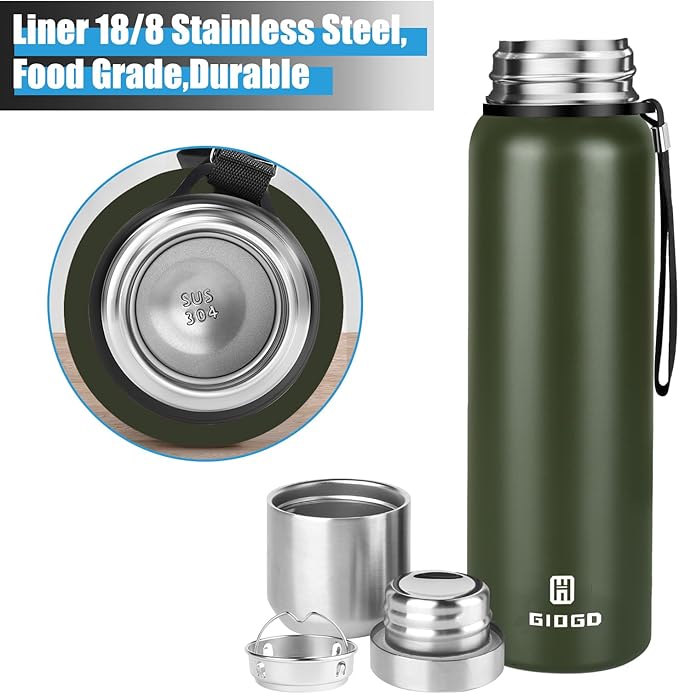 Insulated vacuum Thermo Bottle 750ml/25.4oz with cup Stainless steel coffee bottles for hot and cold drink water flask.(Green,750ml)