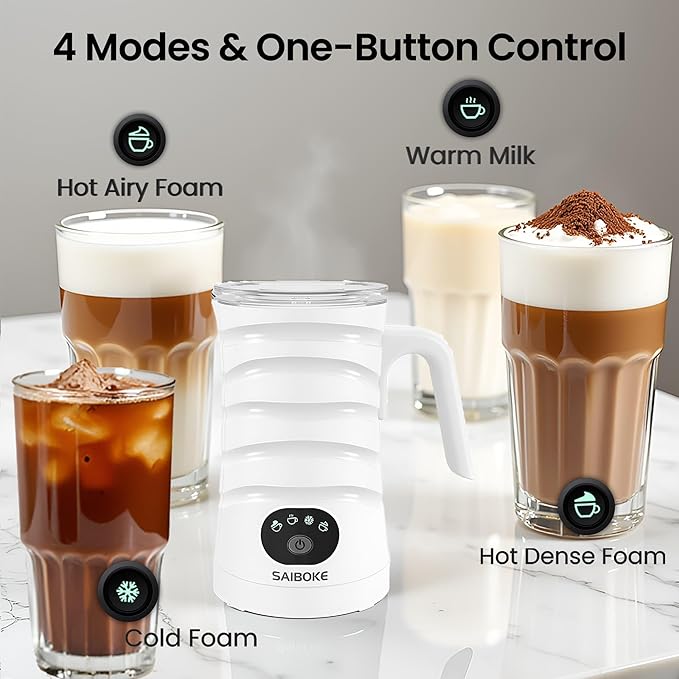 Milk Frother, SAIBOKE 4-in-1 Electric Milk Steamer，Automatic Hot & Cold Foam Maker, 11.80oz/350ml Milk Warmer for Latte, Cappuccinos, Macchiato. Ultra-Quiet Working & Automatic Shut Off.