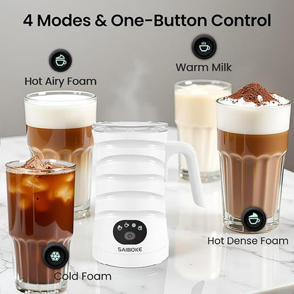 Milk Frother, SAIBOKE 4-in-1 Electric Milk Steamer，Automatic Hot & Cold Foam Maker, 11.80oz/350ml Milk Warmer for Latte, Cappuccinos, Macchiato. Ultra-Quiet Working & Automatic Shut Off.