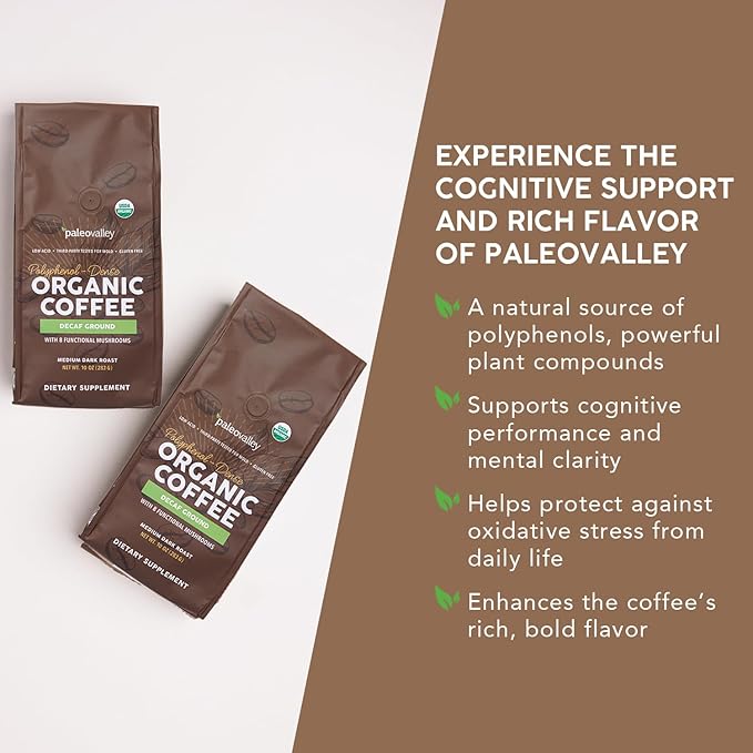 Paleovalley Organic Ground Coffee, 10oz - Decaf, Low Acid, Single-Origin, Polyphenol-Rich, Infused with Mushrooms