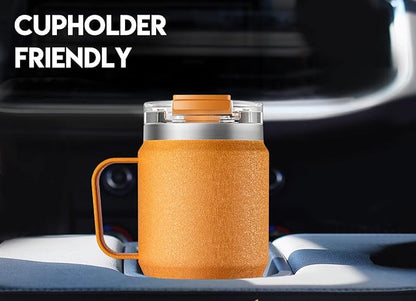 Meoky 24oz Travel Mug, Triple Insulated Stainless Steel Tumbler with Handle and 2-in-1 Straw and Sip Lid, 100% Leak Proof, Keeps Cold for 24 Hours or Hot for 8 Hours, Cupholder Friendly (Maple)