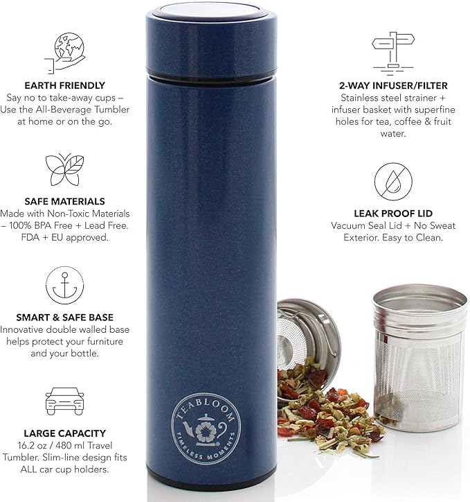 Teabloom - The ORIGINAL All-Brew Travel Tumbler & Thermos | OPRAH’s Favorite | 16oz/480ml Insulated Water Bottle/Tea Flask/Cold Brew Coffee Mug