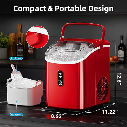Nugget Countertop Ice Maker with Soft Chewable Pellet Ice, 34Lbs/24H,Pebble Portable Ice Machine with Ice Scoop, Self-Cleaning, One-Click Operation, for Kitchen/Office/Bar, Red