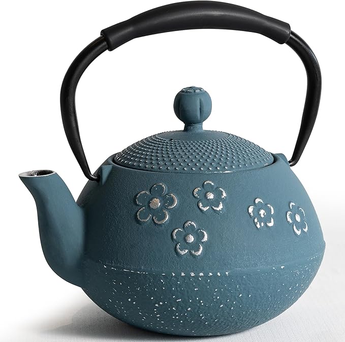 Cast iron Teapot, Tea Kettle for Stovetop Safe with Stainless Steel Infuser, Japanese Hand-made Plum Blossom Design Tea Pot Coated with Enameled Interior for 28oz, 800ml Blue