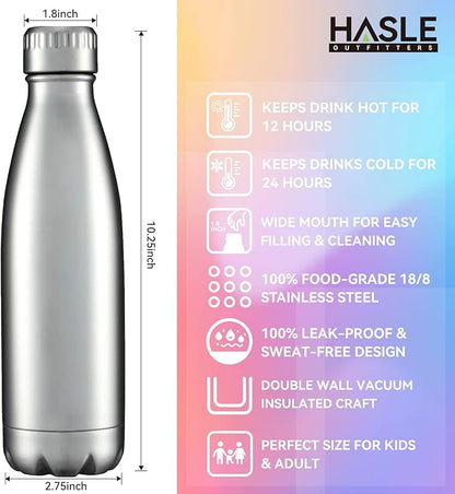 HASLE OUTFITTERS 17oz Stainless Steel Water Bottles Bulk, Vacuum Insulated Water Bottles Double Walled Reusable Metal Sports Water Bottles Keep Drinks Hot and Cold, Stainless, 4Packs